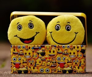 Positive. Two painted rocks to look like smiling emojis sitting up in a tin decorated by smiling emojis